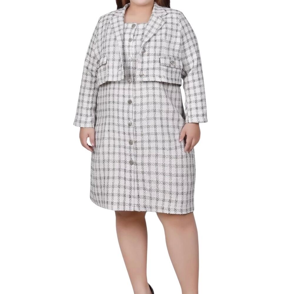 NY Collection Women’s Long Sleeve Jacket and Tweed Dress Suit Set Ivory Size 1X